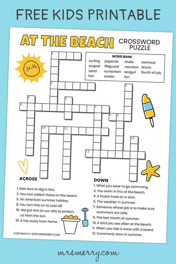 Beach Printable Crossword Puzzle For Kids Mrs. Merry