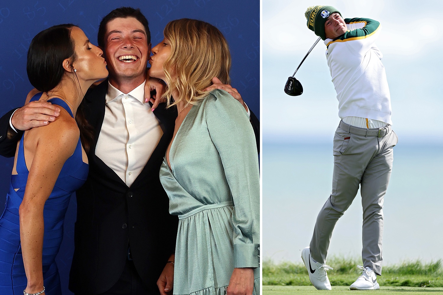 Single Ryder Cup star Viktor Hovland beams as he is kissed by team