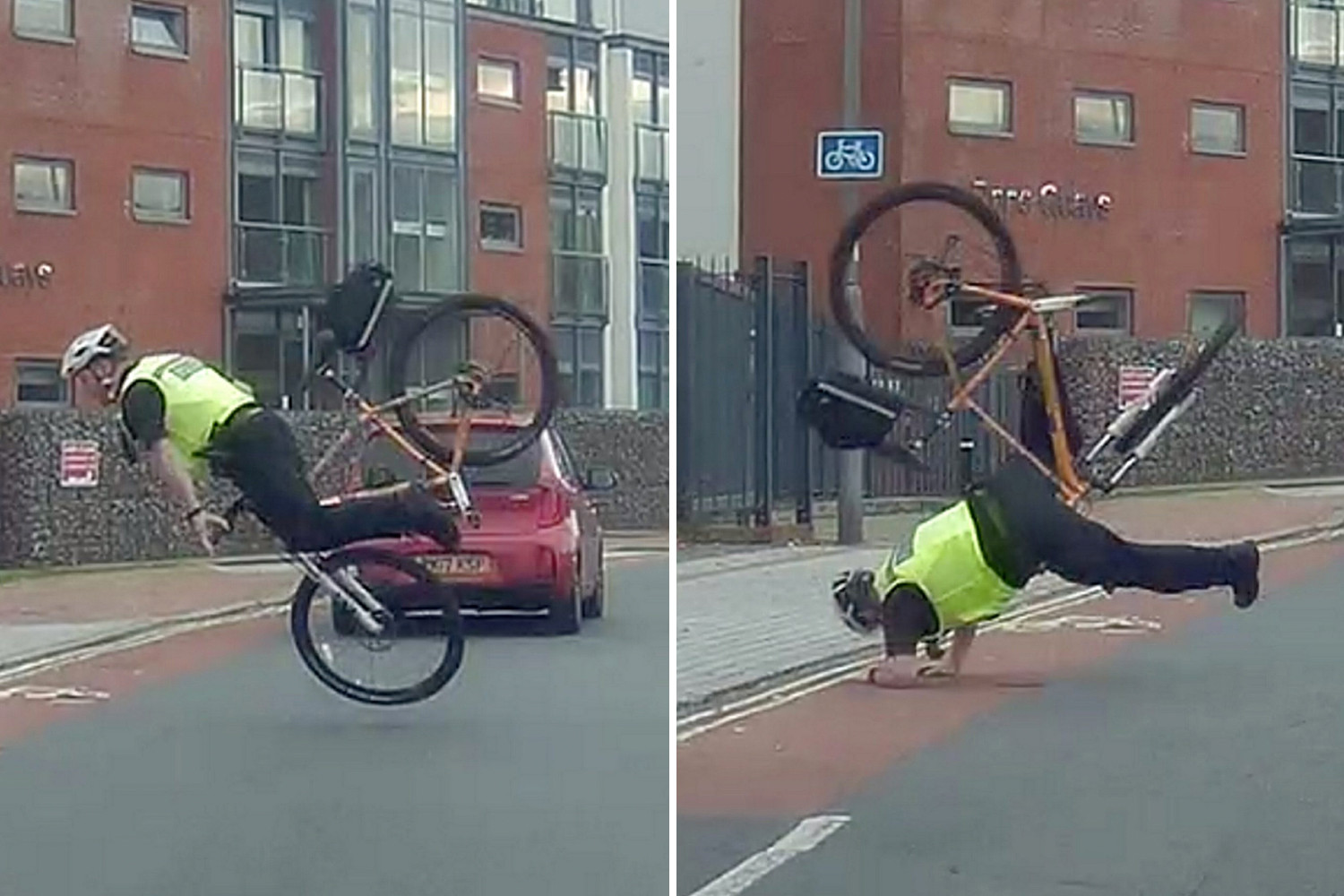 Moment bungling cop flips over bike's handlebars as he chases suspect