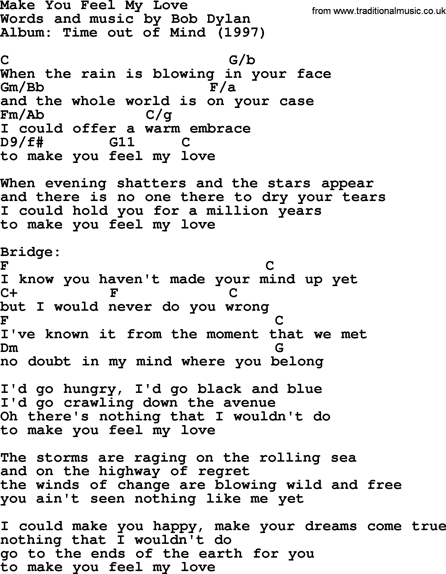 Bob Dylan song Make You Feel My Love, lyrics and chords