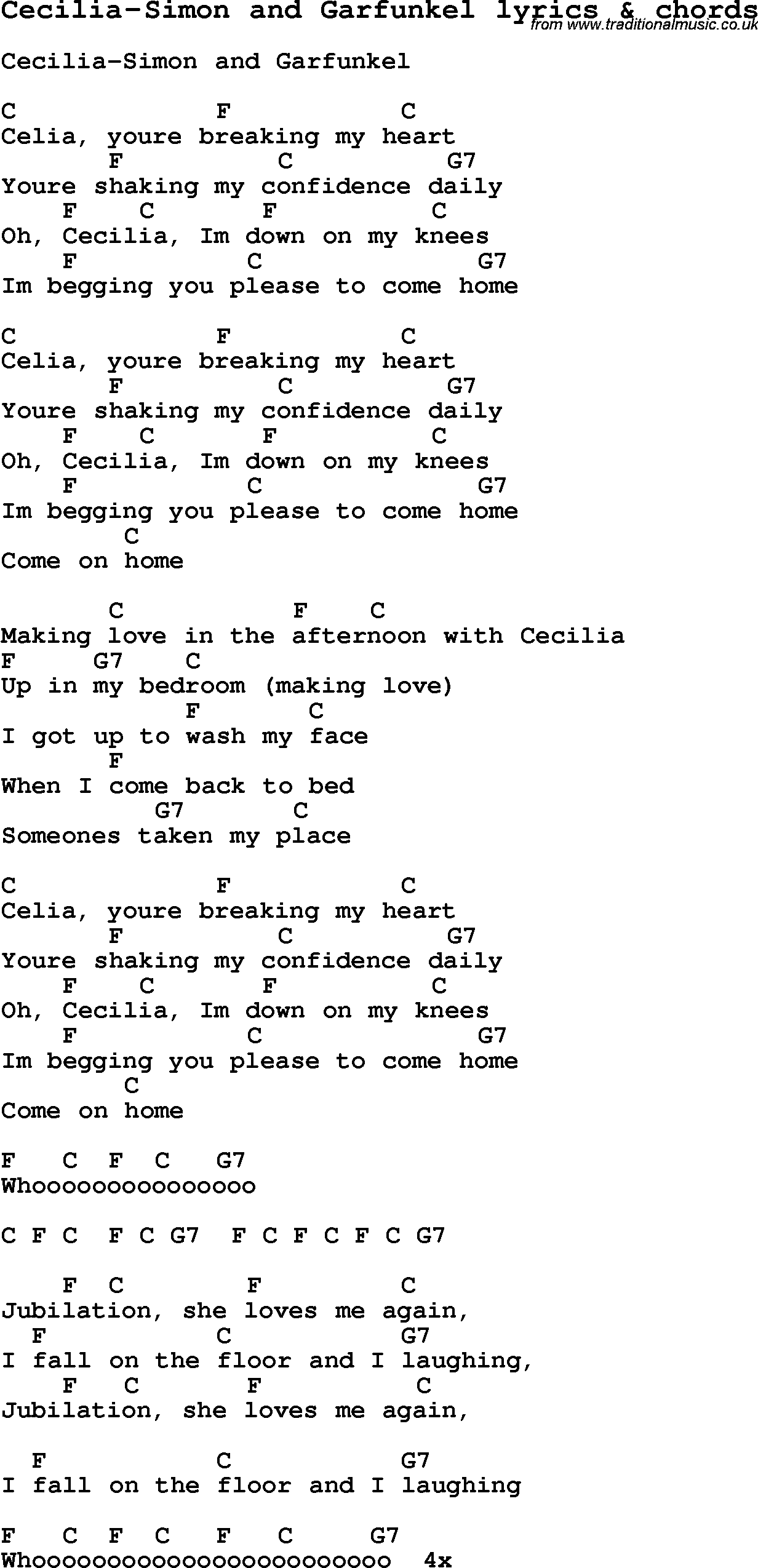 Love Song Lyrics forCeciliaSimon and Garfunkel with chords.
