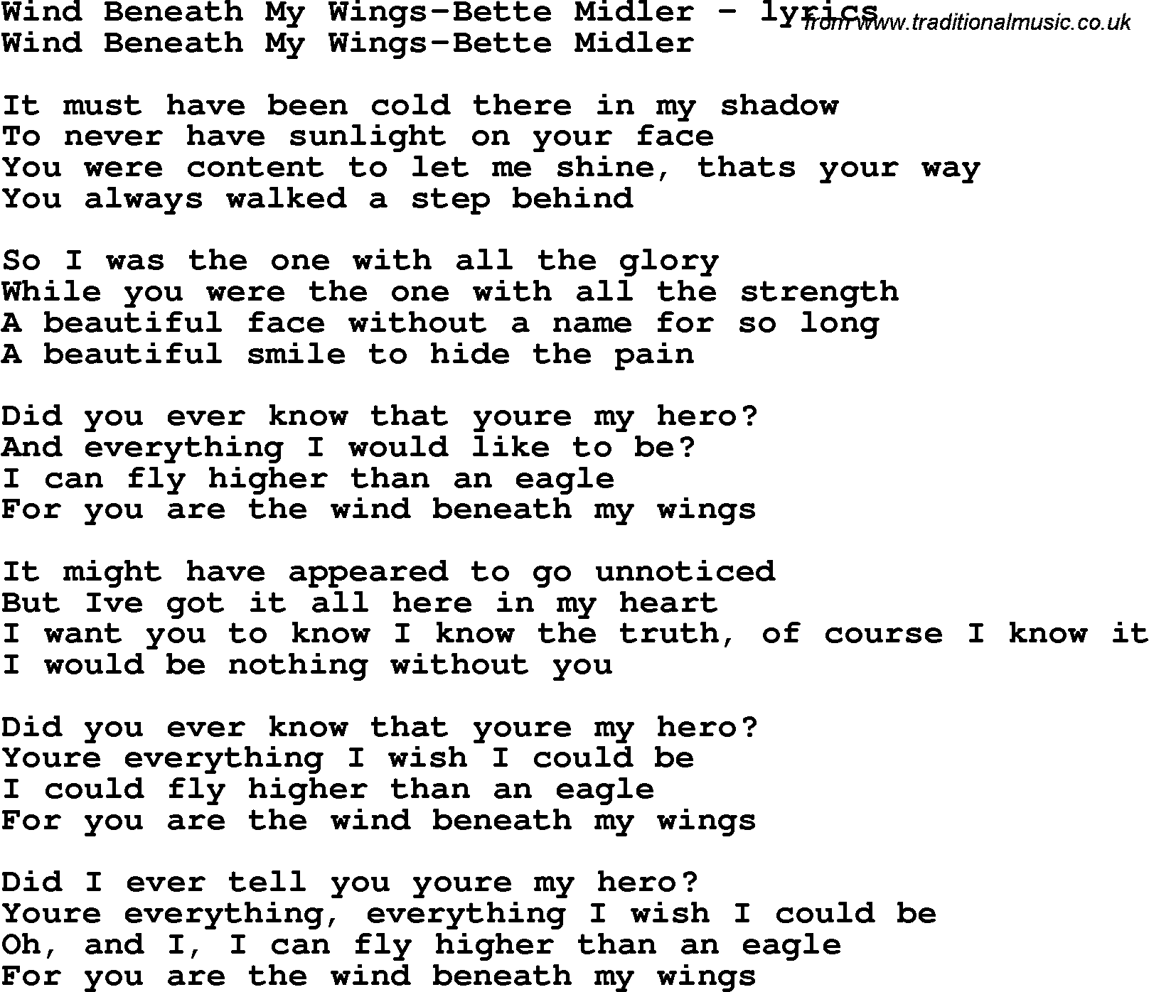 u r the wind beneath my wings lyrics