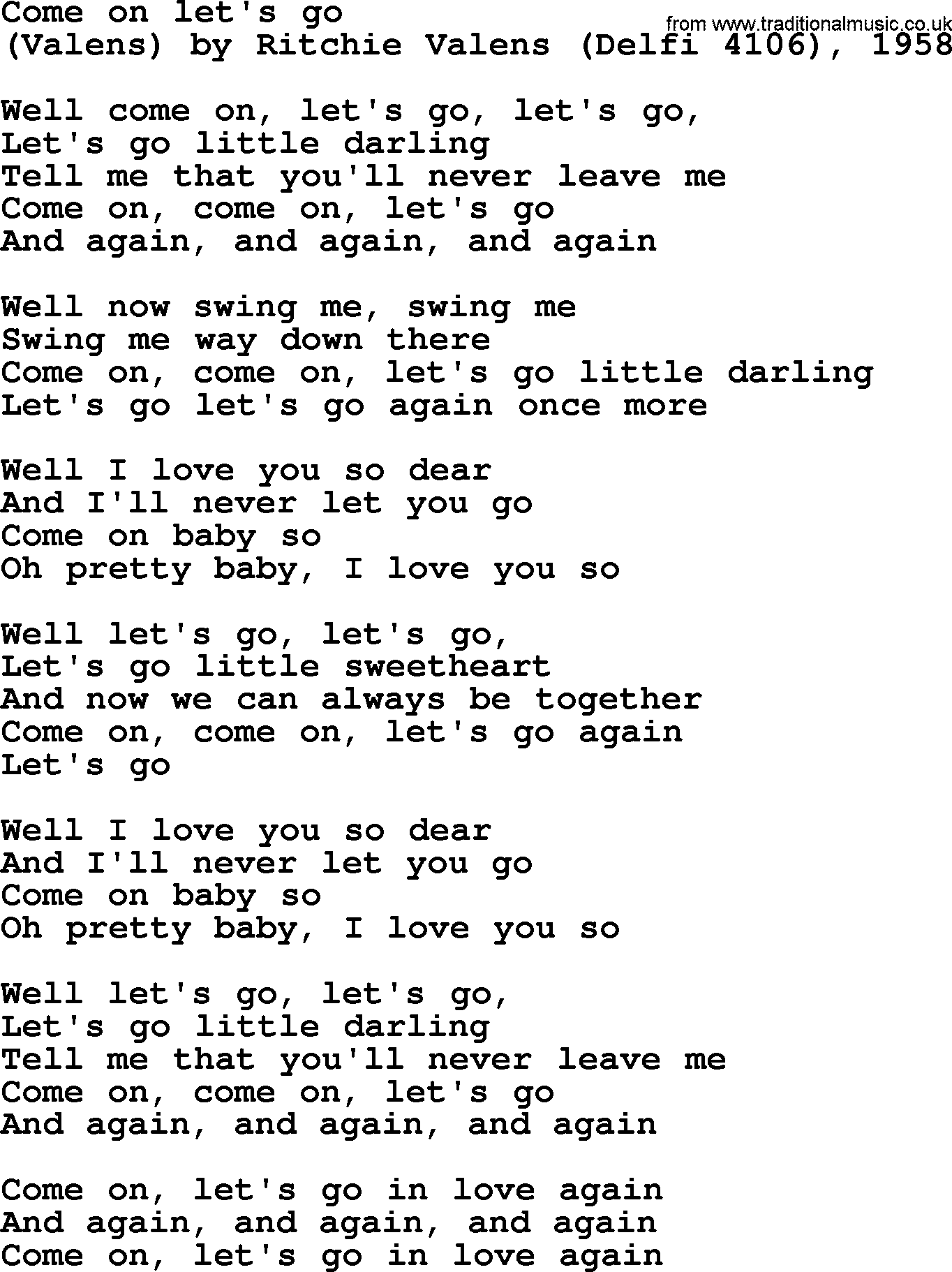 Bruce Springsteen song Come On Let's Go, lyrics