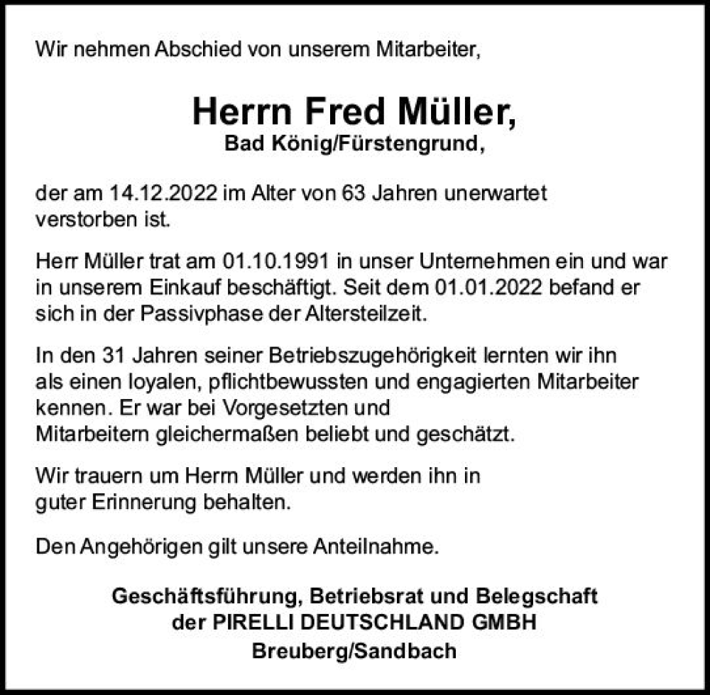 Traueranzeigen von Fred Müller www.vrmtrauer.de