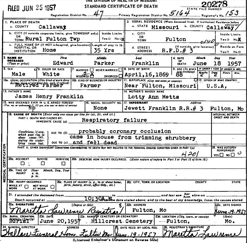 Edward Franklin death certificate