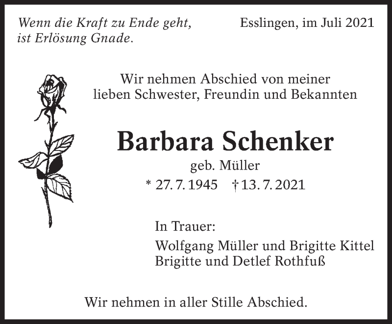 Traueranzeigen von Barbara Schenker zeitdesgedenkens.de