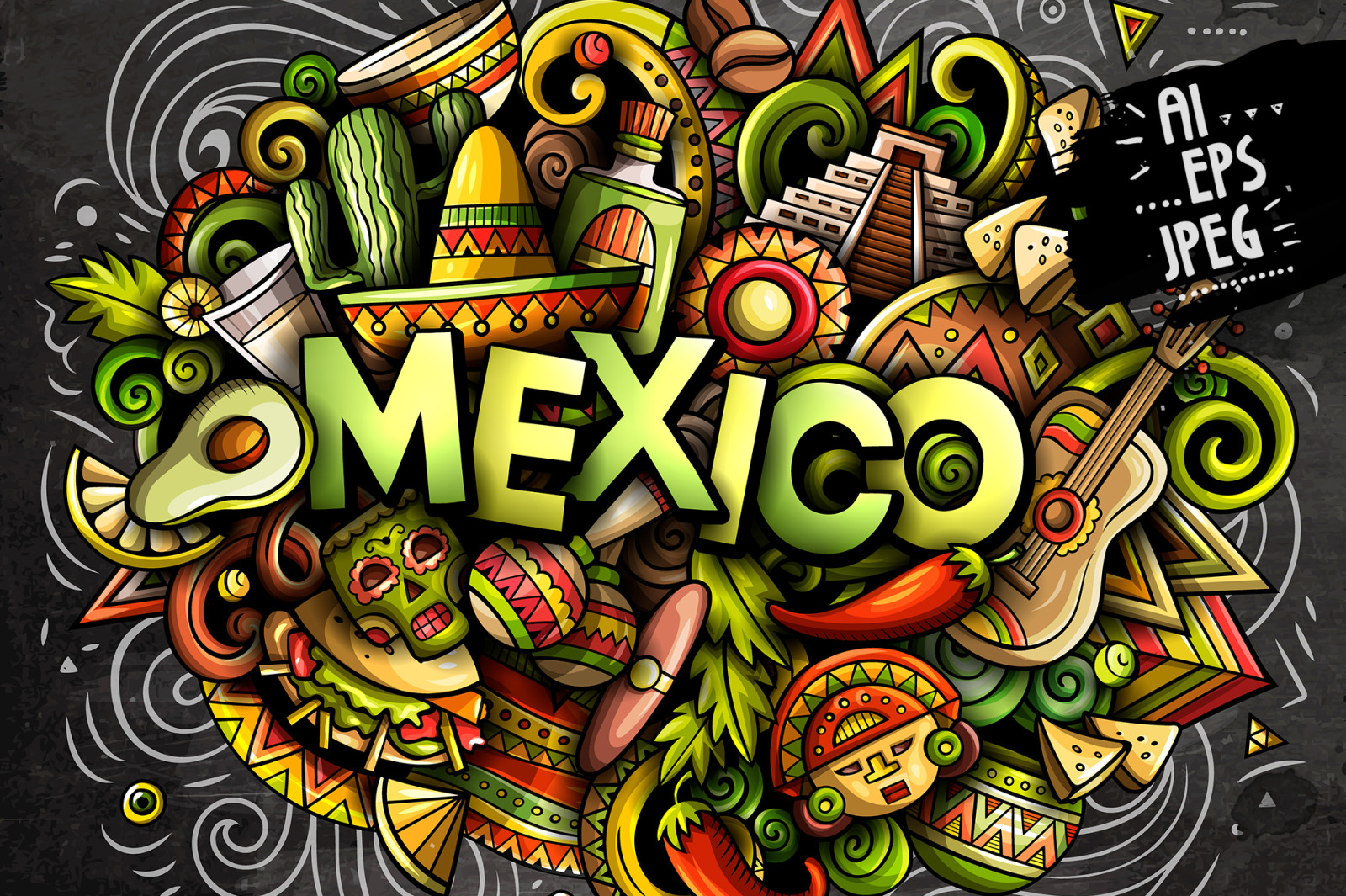 MEXICO Cartoon Doodle Illustration on Yellow Images Creative Store