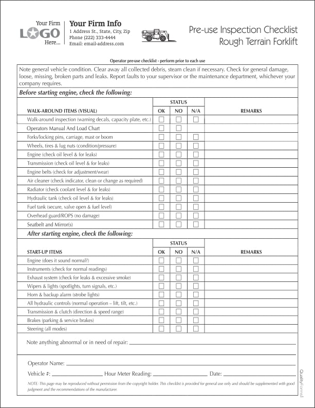 Forklift Saftey Inspection Checklist Form Walmart Com Walmart Com