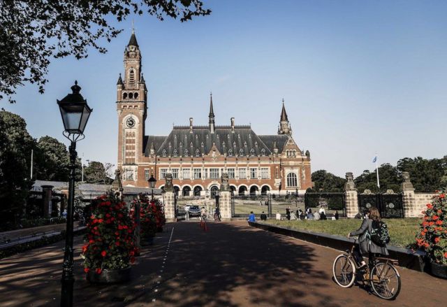 A general view on the Peace Palace prior to a public hearing in Ukraine against Russia at the International Court of Justice, the Hague, the Netherlands on 6 June 2023