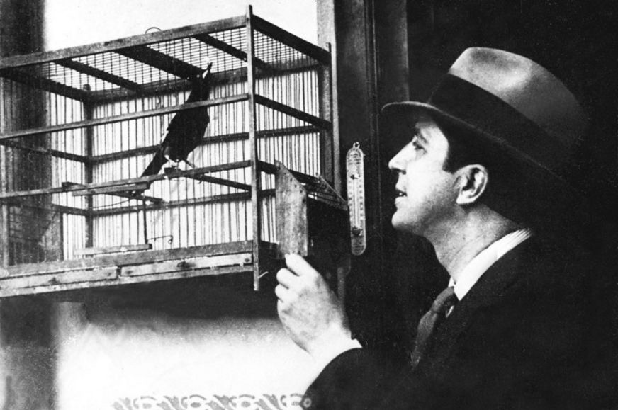 Carlos Gardel con un pájaro