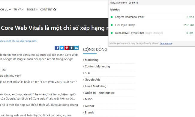 Kiểm tra thông số Core Web Vitals cho website ik.com.vn bằng addon trên trình duyệt Chrome đều màu xanh