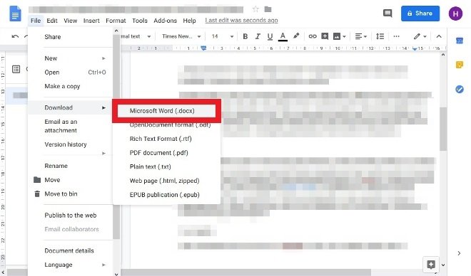 Exportar o arquivo do Google Docs em formato Word