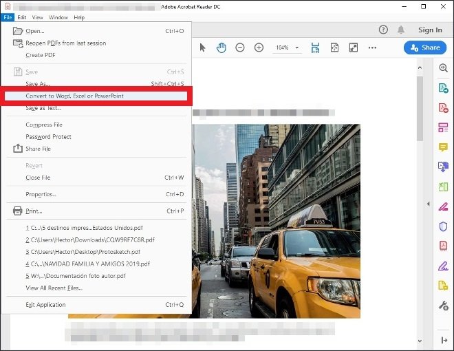 Opção para converter documentos PDF no Adobe Acrobat Reader