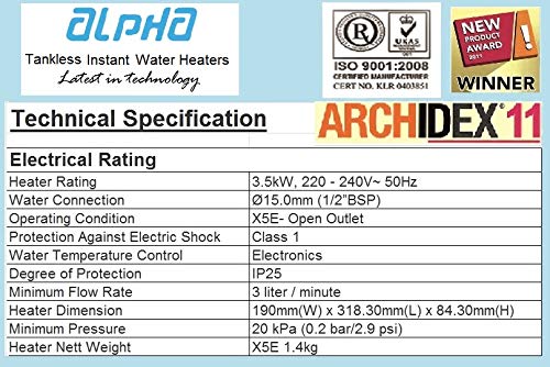 Alpha Electric X5e Shower Water Heater Standard Size Ivory
