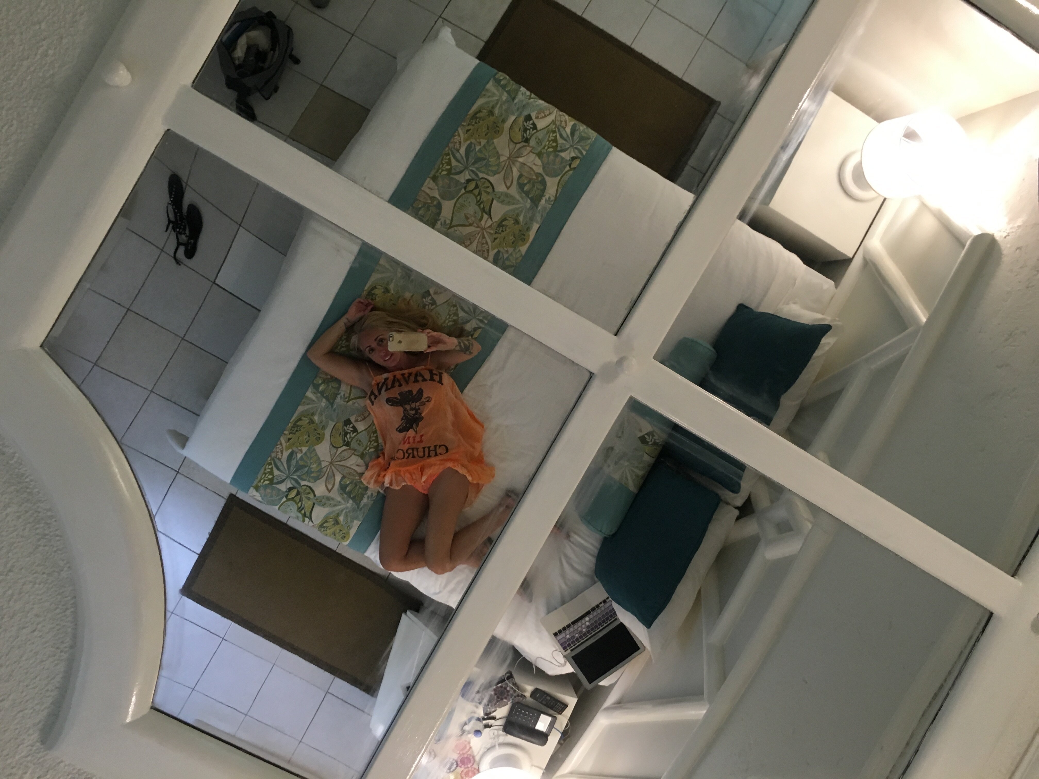 Her room at the resort had a mirrored ceiling, which Block took advantage of to capture this selfie.