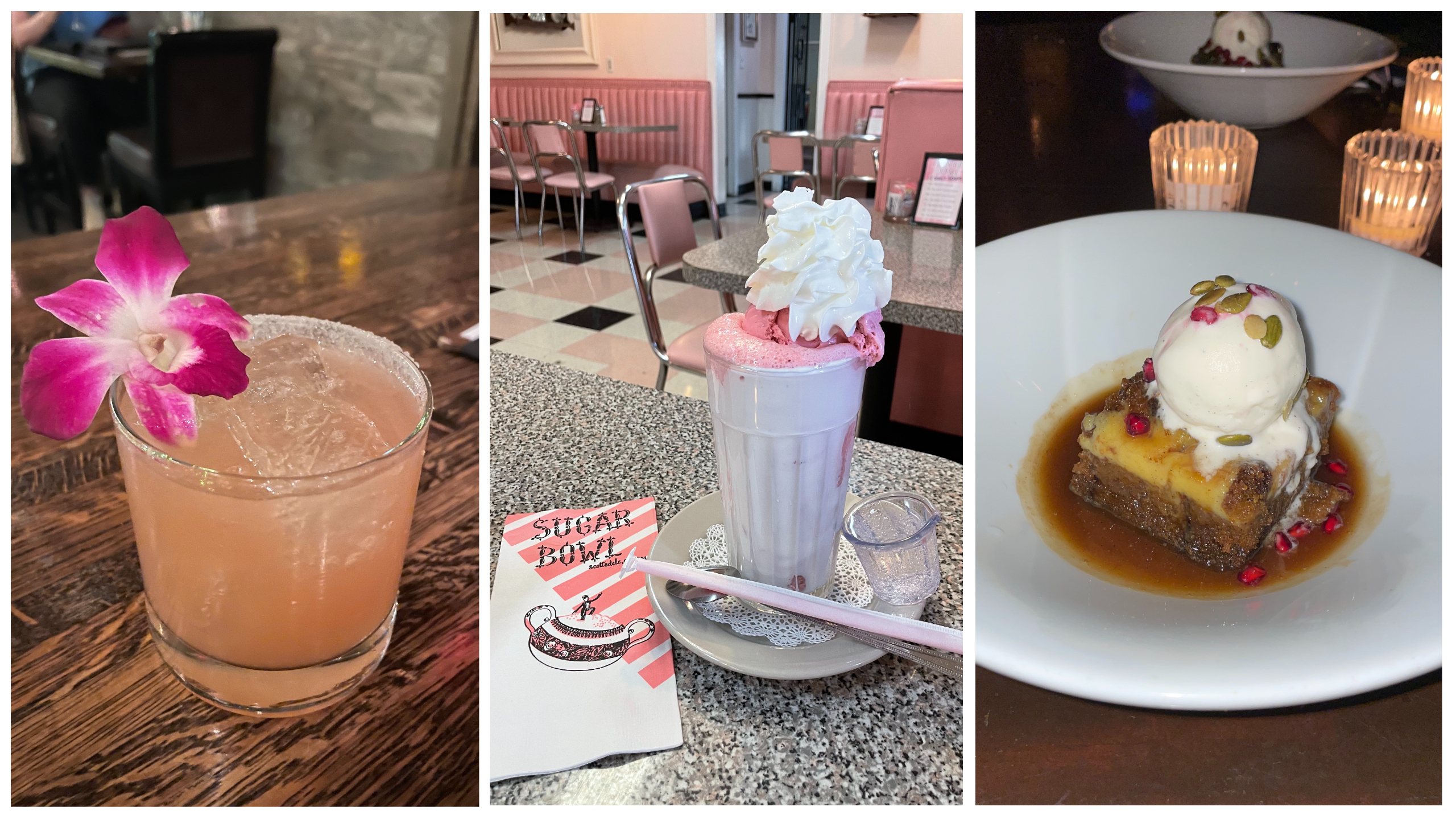 From left to right: A cocktail at Second Story Liquor Bar, strawberry treat at Sugar Bowl and pumpkin bread pudding at The Mission.