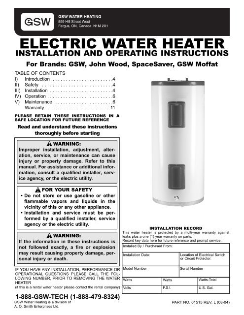 Electric Water Heater Installation And Operating John Wood