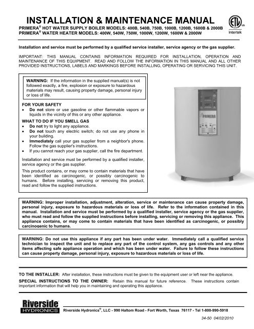Primera Boiler And Domestic Water Heater Riverside Hydronics