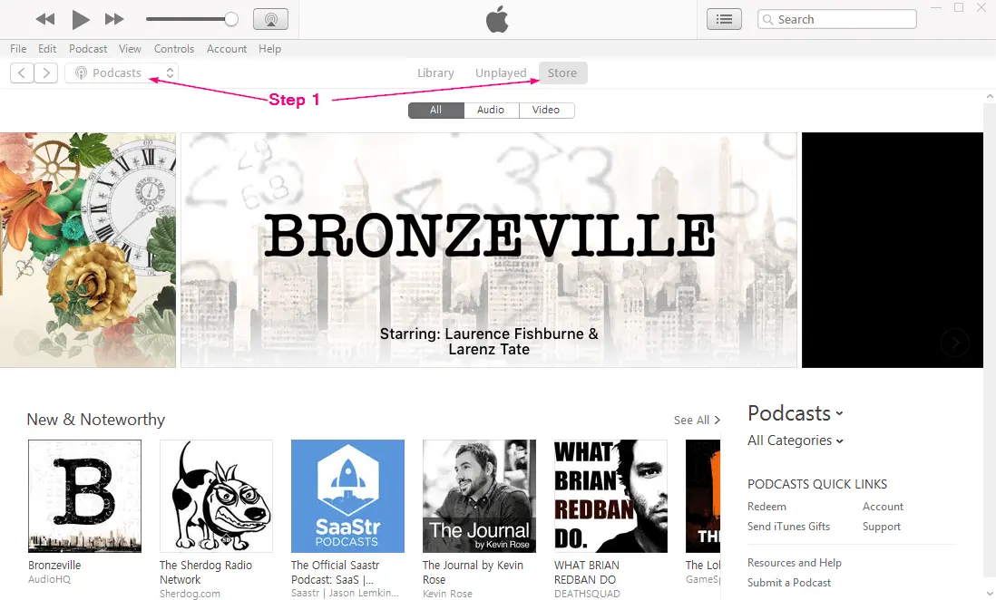 How to Review a Podcast on Apple Podcasts (aka iTunes) - Step 1: With your iTunes program open on your desktop, navigate to the iTunes Store and select Podcasts
