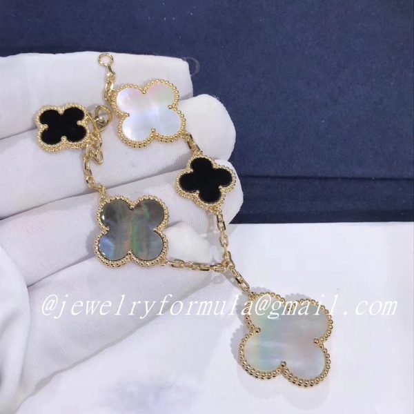 Customized Jewelry Real Van Cleef & Arpels Magic Alhambra bracelet, 5 motifs Yellow gold, Mother-of-pearl, Onyx