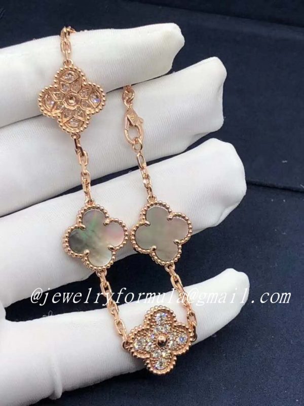 Customized Jewelry18k Pink Gold VCA Vintage Alhambra bracelet 5 motifs Gray Mother-of-pearl & Diamond