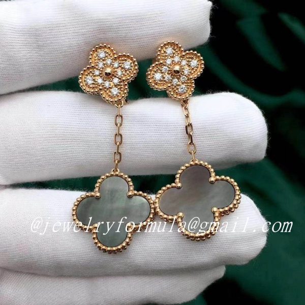 Customized Jewelry18k Pink Gold Van Cleef Magic Alhambra earrings 2 motifs with Gray Mother-of-pearl and Diamond VCARP2R200