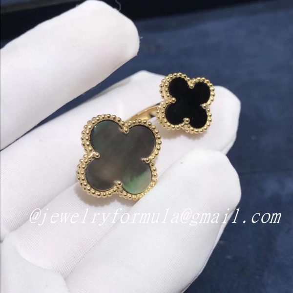 Customized Jewelry:18k Yellow Gold Van Cleef and Arpels magic Alhambra between the finger ring- onyx and MOP