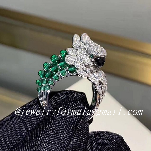 Customized Jewelry:Cartier Les Oiseaux Libérés Parrot ring 18K white gold with gray mother-of pearl & emeralds beads