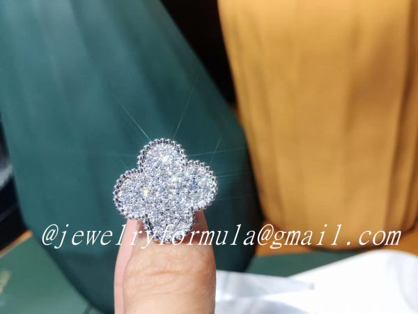 Customized JewelryAuthentic Van Cleef Arpels 18K White Gold Diamond Paved Magic Alhambra Ring