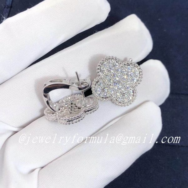 Customized JewelryReal 18K White Gold Van Cleef & Arpels Diamond-Paved Magic Alhambra Ear Clips Earrings VCARN9ZR00