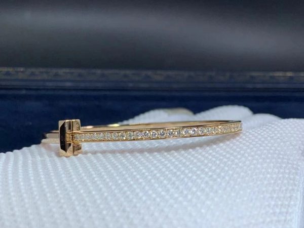 Customized JewelryTiffany 18k Rose Gold T1 Narrow Diamond Hinged Bangle Bracelet