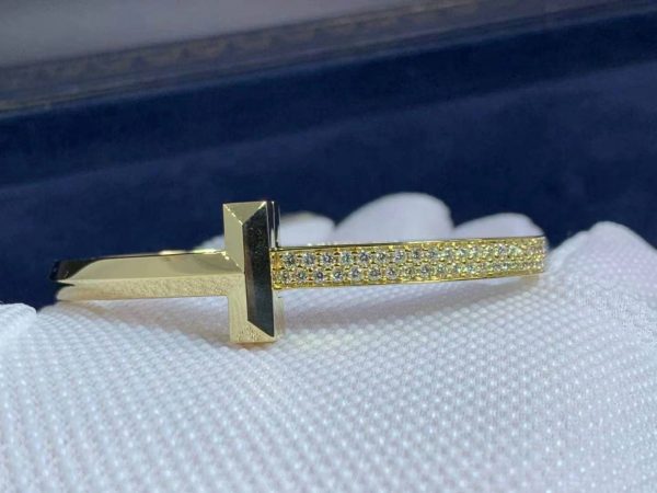 Customized JewelryTiffany 18k Yellow Gold T1 Wide Diamond Hinged Bangle Bracelet