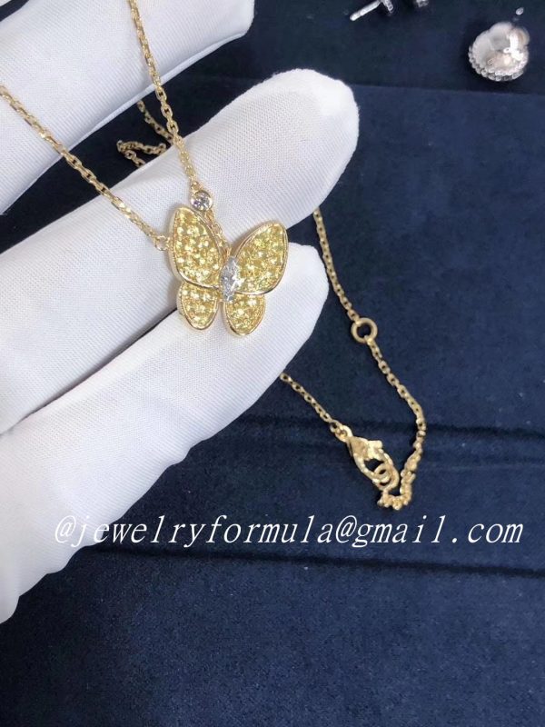 Customized JewelryVCA Two Butterfly pendant necklace 18k Yellow gold pave Sapphire set with Diamond