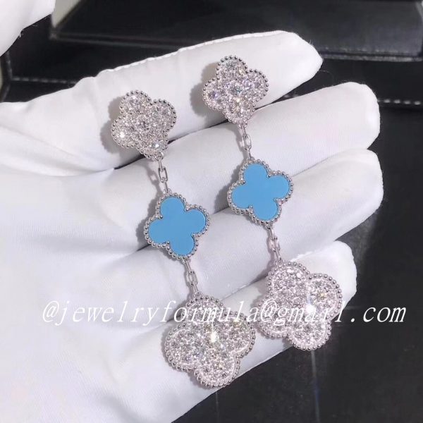 Customized JewelryVan Cleef & Arpels Magic Alhambra Turquoise & Diamonds 3 Motifs Ear Clips 18k White Gold