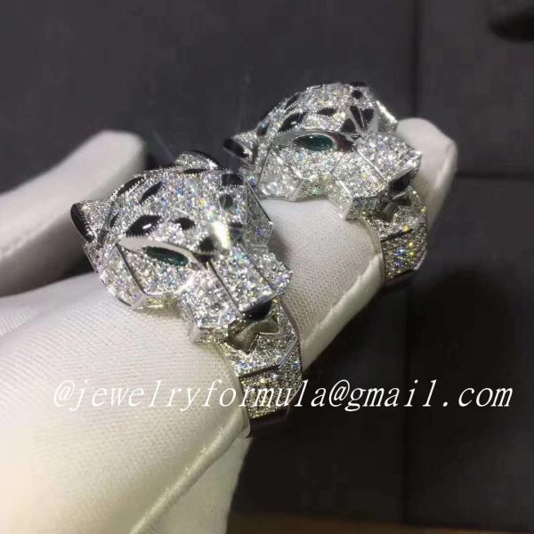 Customized Jewelry:18k White Gold Full Diamond Pave Onyx Emerald Panthere de Cartier Ring N4211000