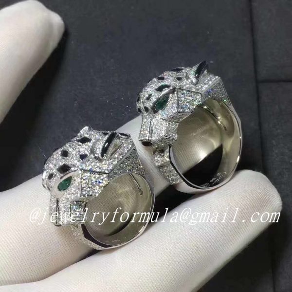 Customized Jewelry:18k White Gold Full Diamond Pave Onyx Emerald Panthere de Cartier Ring N4211000