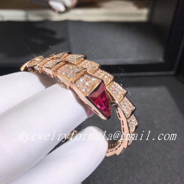 Customized Jewelry:Inspired Bulgari Serpenti One-Coil Bracelet 18k Rose Gold Pave Full Diamond and Rubellite