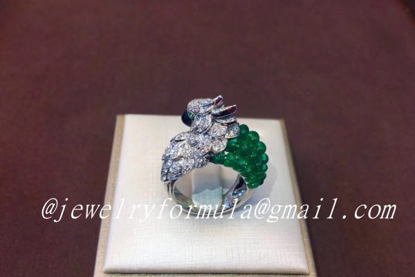 Customized Jewelry:Cartier Les Oiseaux Libérés Parrot ring 18K white gold with gray mother-of pearl & emeralds beads