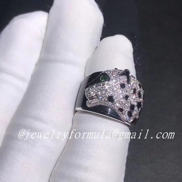 Customized Jewelry:White gold Panthère de Cartier Ring black lacquer emeralds onyx diamonds