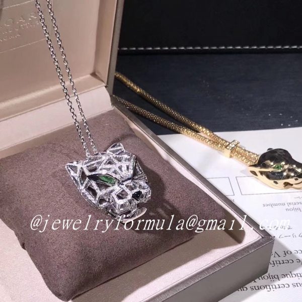 Customized Jewelry:Panthère de Cartier necklace 18k white gold pave diamonds with emeralds & onyx