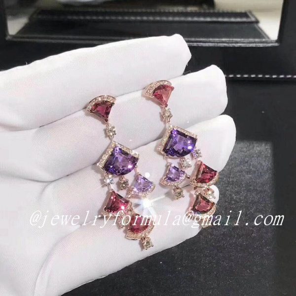 Customized Jewelry:Designer Bvlgari Divas’ Dream earrings in 18kt rose gold with pink rubellite, amethyst and pavè diamonds