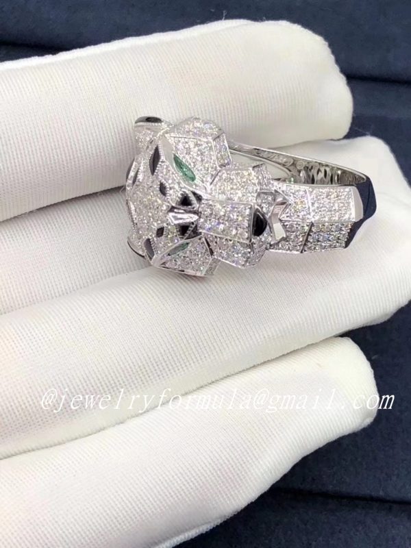 Customized Jewelry:Panthere de Cartier Ring in 18k White Gold with Diamonds, Emeralds and Onyx N4211000