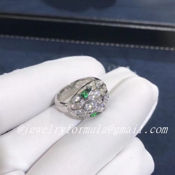 Customized Jewelry:Bvlgari Serpenti Ring in Solid 18KT White gold, set with emerald eyes and full pave diamons
