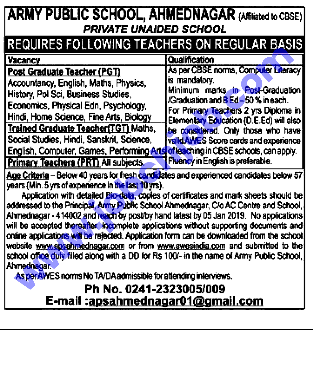 Ahmednagar Army Public School Recruitment 2019 Teacher