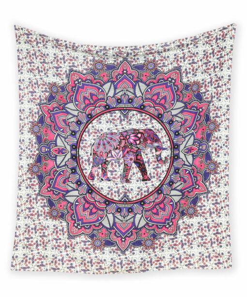 Wandtuch mit Elefant im Blütenkreis in rosa und lila