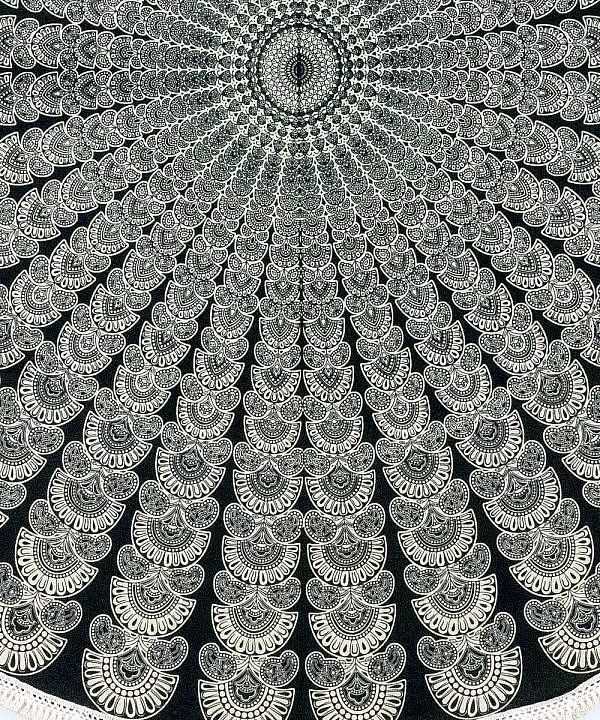 Rundes Mandala Tuch Pfauenfeder schwarz weiß - ca. 185 cm