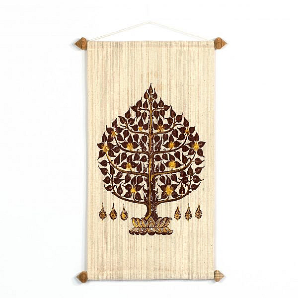 Wandteppich Lebensbaum weiß braun, indischer Wandbehang aus Baumwolle