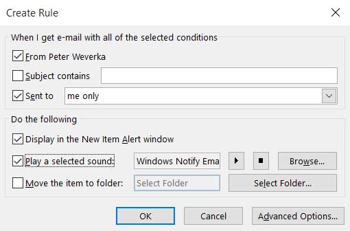 set alarm for a particular subject incoming email in Outlook