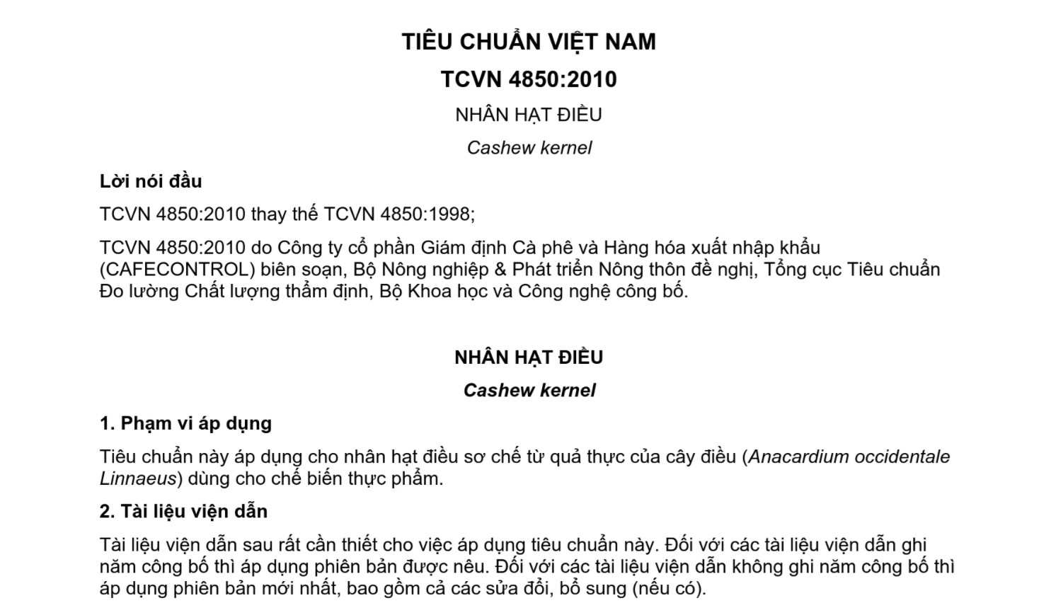 Standard TCVN 4850: 2010 – Vietnam cashew nuts kernel and technical request