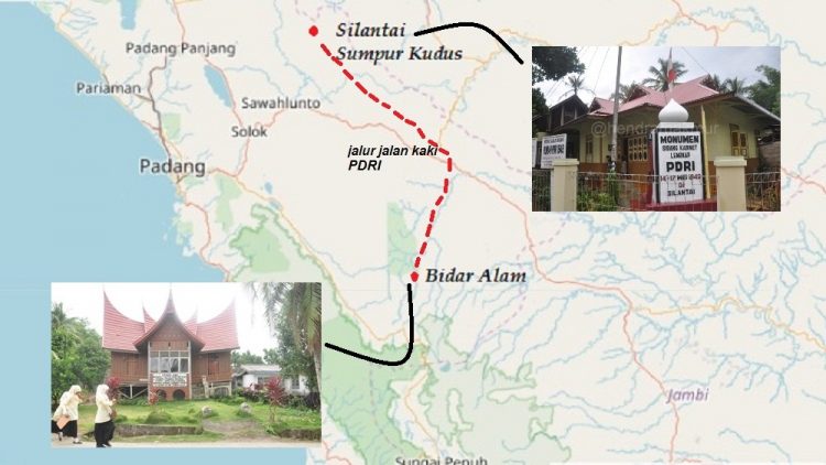 Rute perjalanan Mr. Sjafruddin Prawiranegara dan kabinet PDRI dari Bidar Alam ke Silantai dan Sumpur Kudus. (Foto & peta: Hendra/openstreetmap.org)